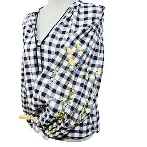 H&M 100% Cotton Navy Gingham Embroidered Floral Tassel Blouse 4 Cottagecore Boho